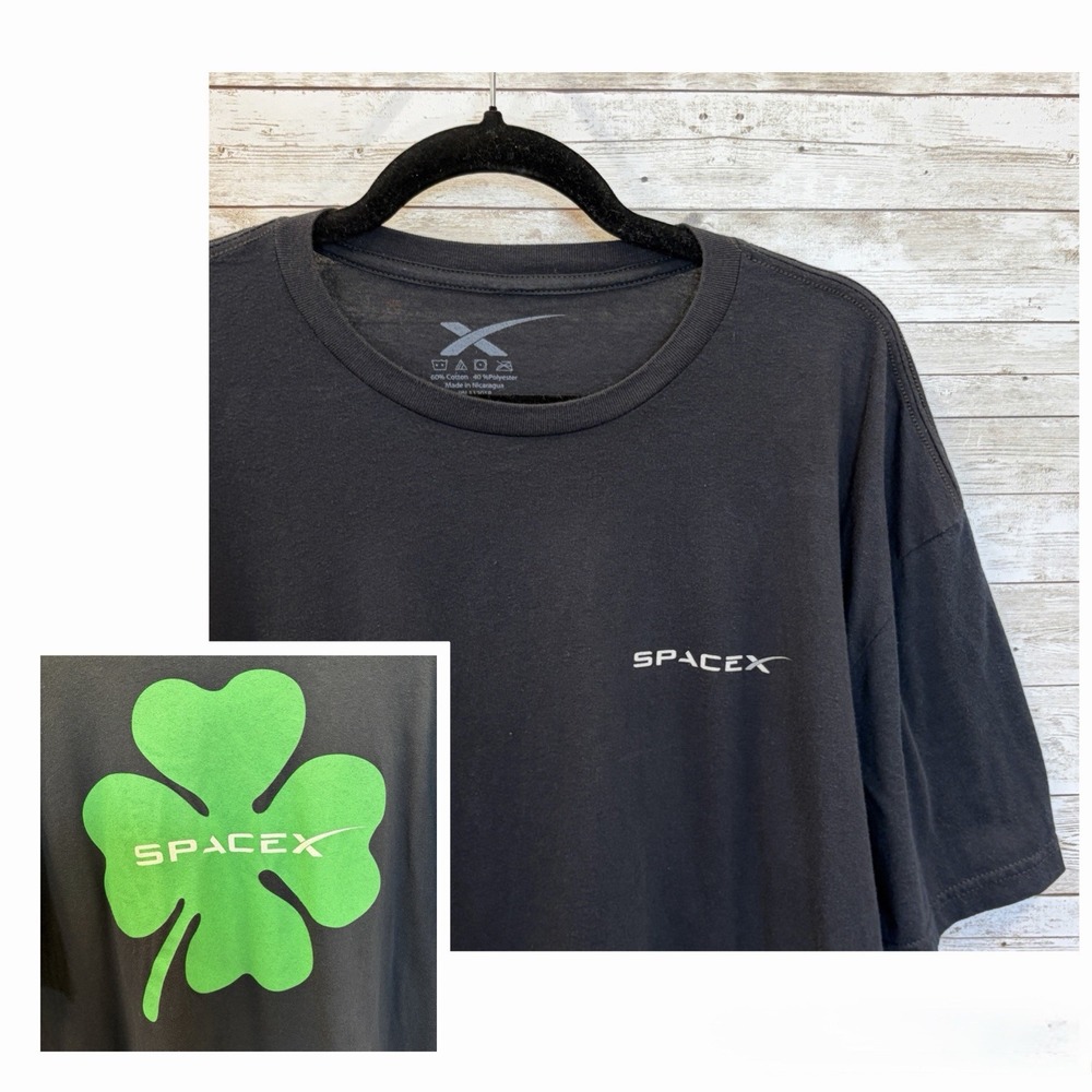 Authentic Space X Mens XL T-Shirt Green Shamrock Four Leaf Clover Black Shirt